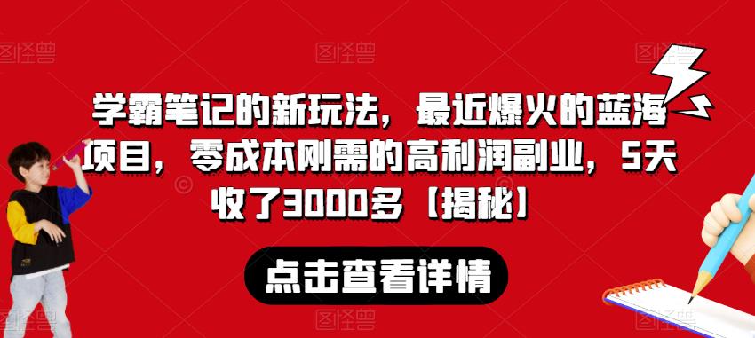 学霸笔记的新玩法，最近爆火的蓝海项目，零成本刚需的高利润副业，5天收了3000多【揭秘】-狼哥资源库