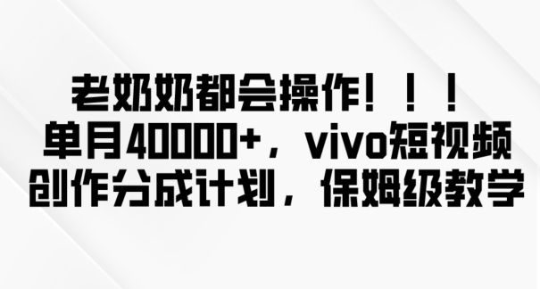 老奶奶都会操作，新平台无脑操作，单月40000+，vivo短视频创作分成计划【揭秘】-创业项目致富网、狼哥项目资源库