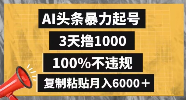 AI头条暴力起号，3天撸1000,100%不违规，复制粘贴月入6000＋【揭秘】-狼哥资源库