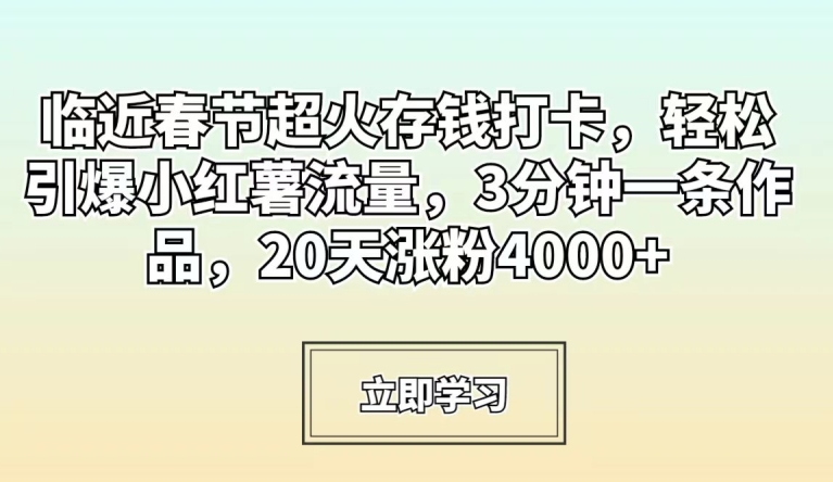 临近春节超火存钱打卡，轻松引爆小红薯流量，3分钟一条作品，20天涨粉4000+【揭秘】-狼哥资源库