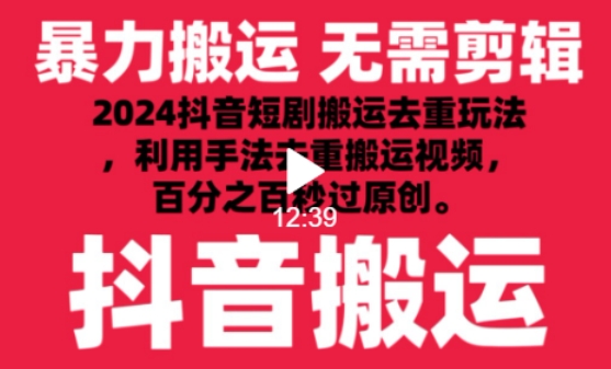 2024最新抖音搬运技术，抖音短剧视频去重，手法搬运，利用工具去重，达到秒过原创的效果【揭秘】-狼哥资源库