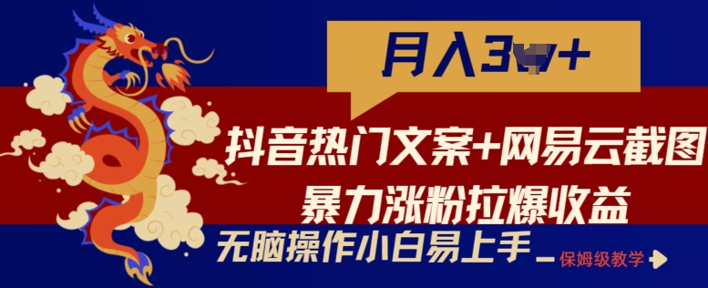 抖音热门文案+网易云截图暴力涨粉拉爆收益玩法，小白无脑操作，简单易上手【揭秘】-狼哥资源库