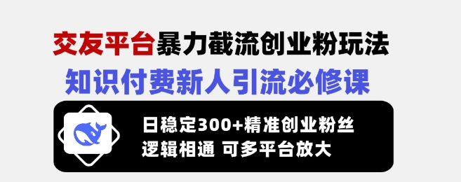 交友平台暴力截流创业粉玩法，知识付费新人引流必修课，日稳定300+精准创业粉丝，逻辑相通可多平台放大-创业项目致富网、狼哥项目资源库